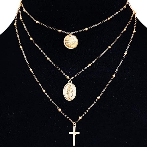 Goldtone Cross Layered Necklace - Picture 2 of 6
